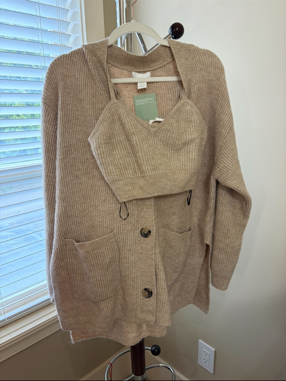 H&M Ribbed Button-Front Cardigan with Matching Crop Top - Beige